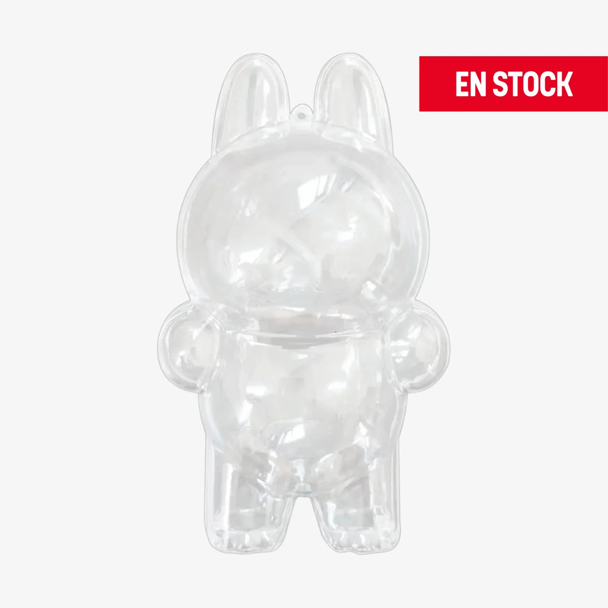 Estuche protector transparente con forma de Labubu de pie, diseñado especialmente para figuras de la serie "Labubu Macaron". Hecho de plástico rígido, brinda protección contra polvo, rayones y caídas. En la esquina superior derecha aparece una etiqueta roja con el texto "EN STOCK"